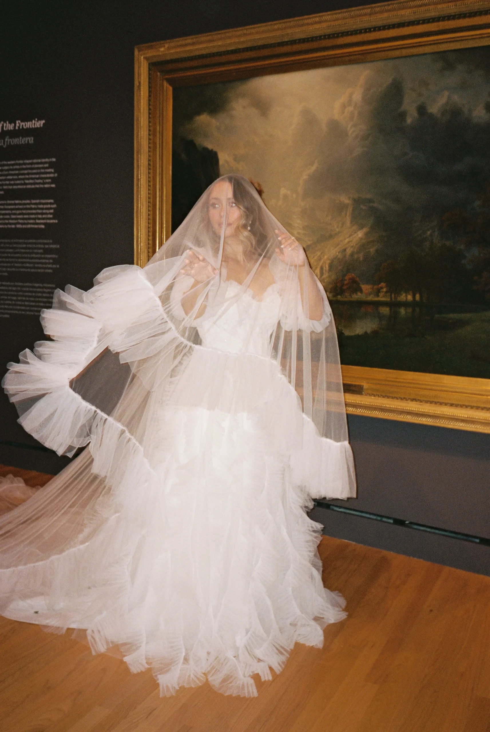Beautiful Bridal Portraits with stunning modern high fashion cathedral veil at Crystal Bridges Art Museum wedding by Laura Powers Photo
