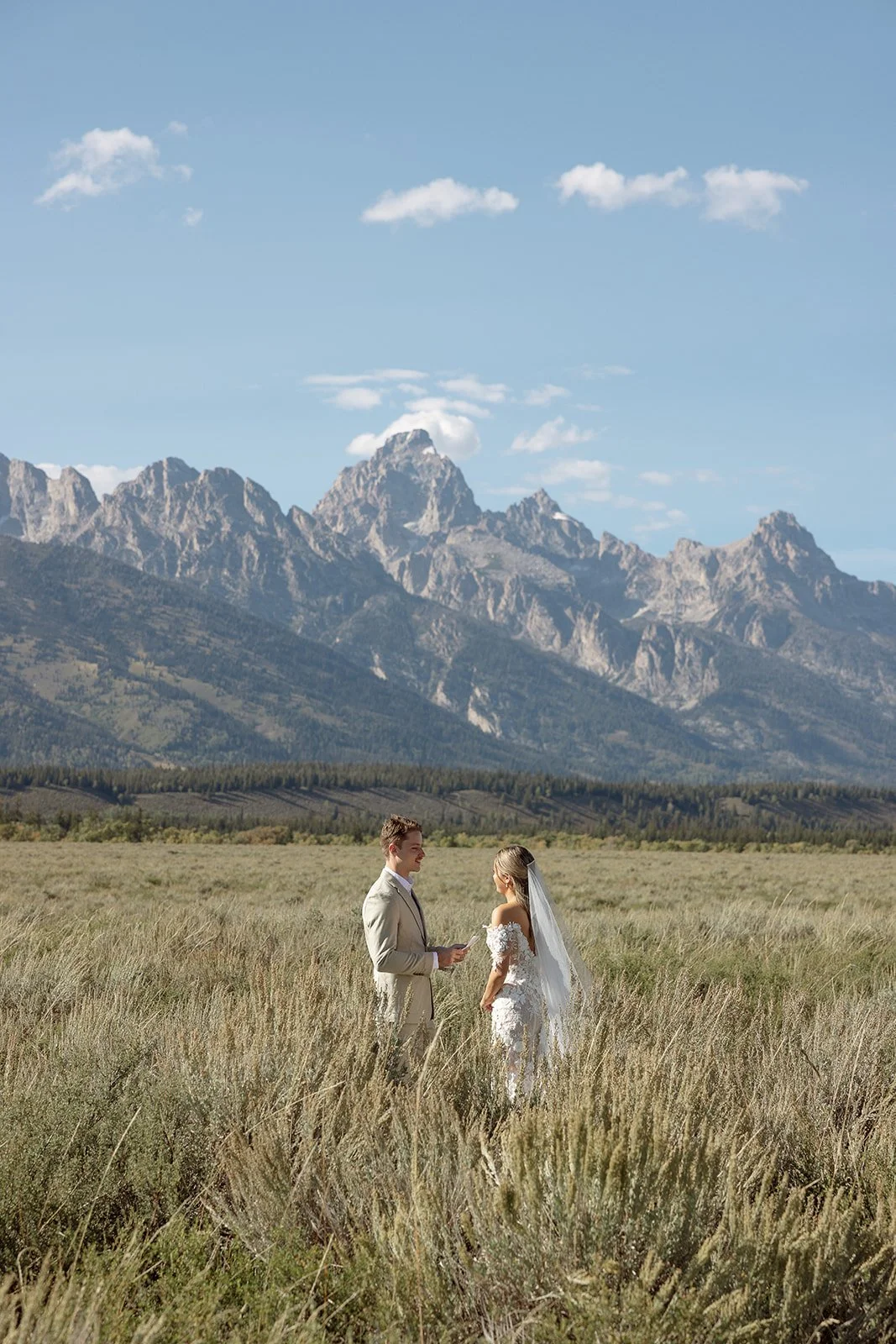 A couple getting married in a field with tall grass, with mountains and blue sky with clouds in the background.
