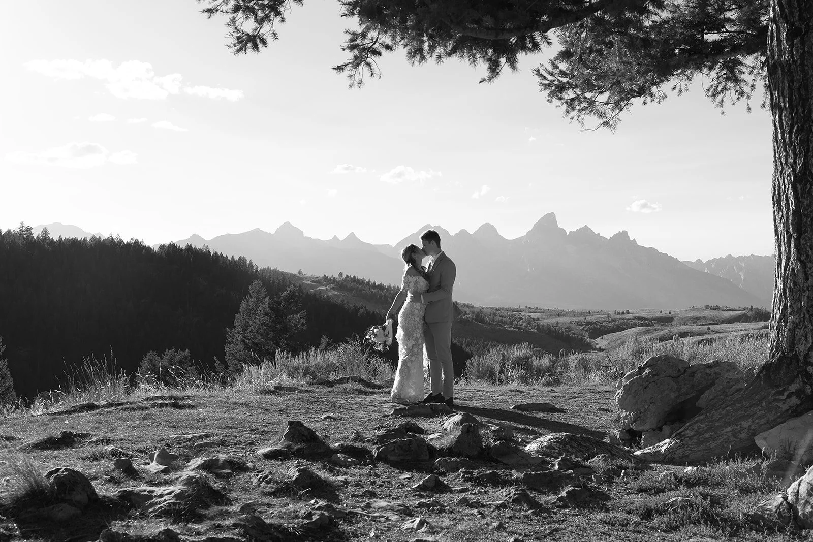 A black-and-white photo of a couple in wedding attire standing close together outdoors in front of a mountain range, under a tree.