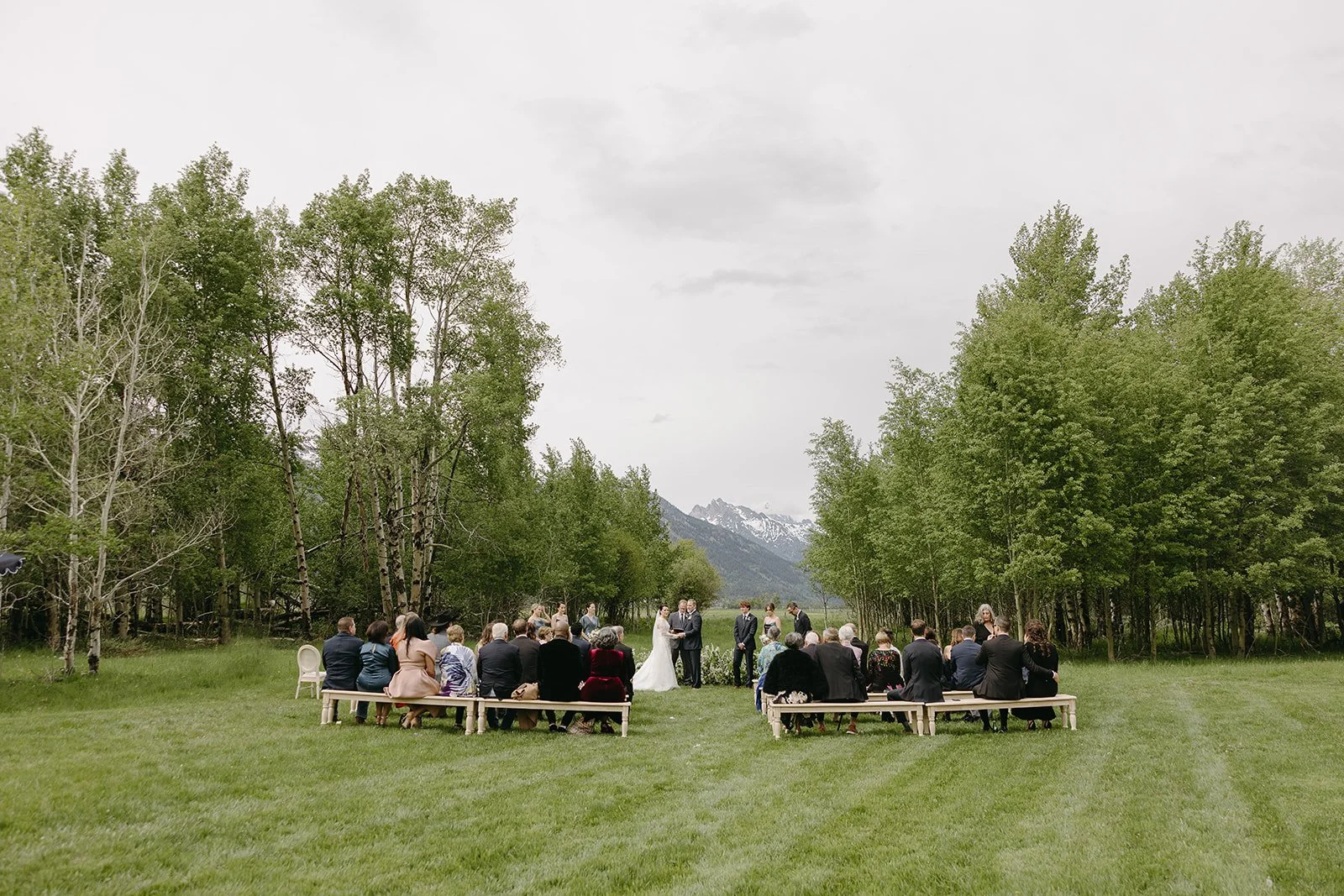 Outdoor wedding ceremony on a grassy field surrounded by trees with snow-capped mountains in the background, guests seated on benches, couple standing in front exchanging vows.