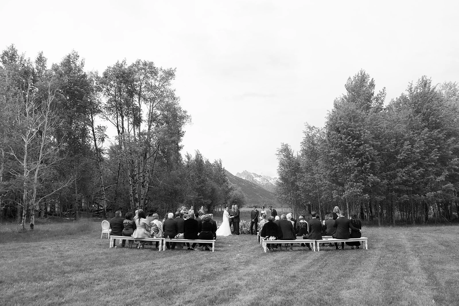 A black and white photo of an outdoor wedding ceremony with guests seated on benches and a couple exchanging vows in a scenic natural setting with trees and mountains in the background.
