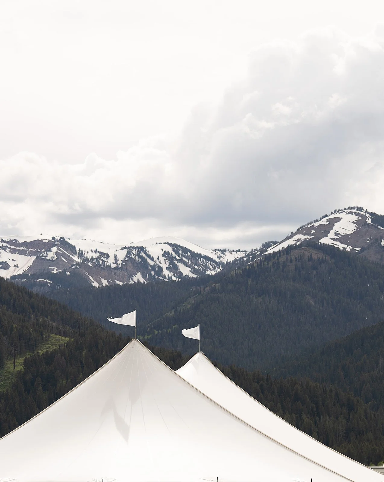 A white tent set up outdoors with snow-capped mountains and dense forest in the background.