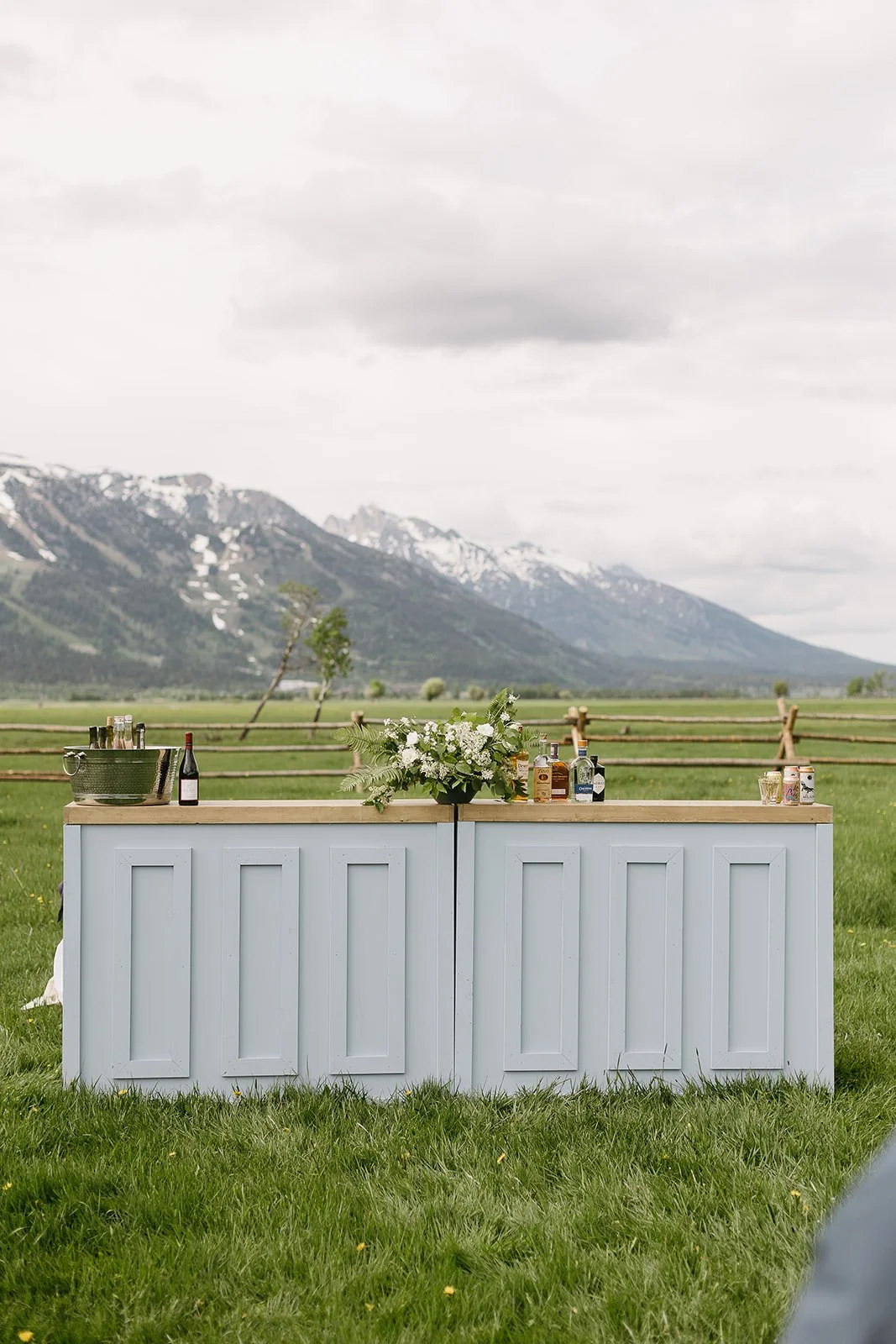 An outdoor bar setup on grass with bottles of alcohol, a flower arrangement, and cans, with a mountain range in the background under cloudy sky.