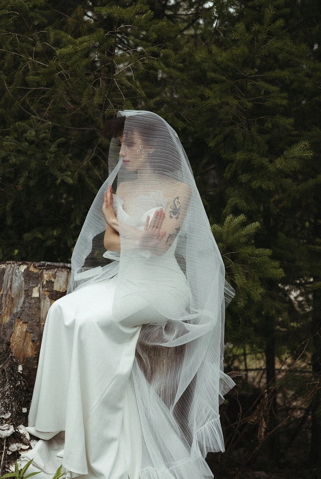new white bridal with cape and bridal veil over bride in Canadian Rockies