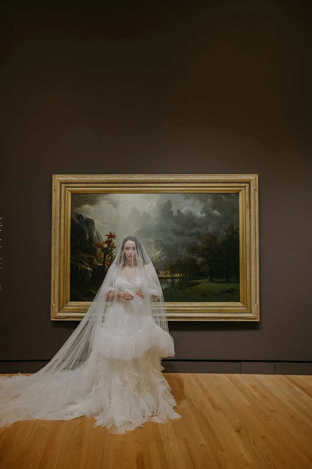 Woman in a white wedding dress and veil standing in front of a framed landscape painting in an art gallery.