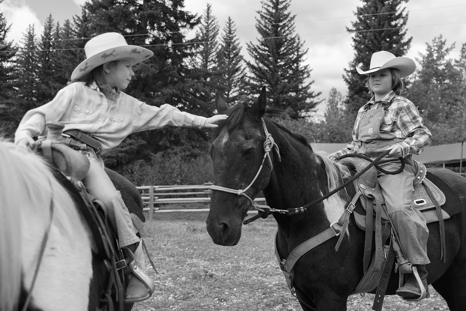 Two young girls, wearing cowboy hats and western clothing, are riding horses in an outdoor area with trees and a fence in the background. One girl is petting the other girl's horse.