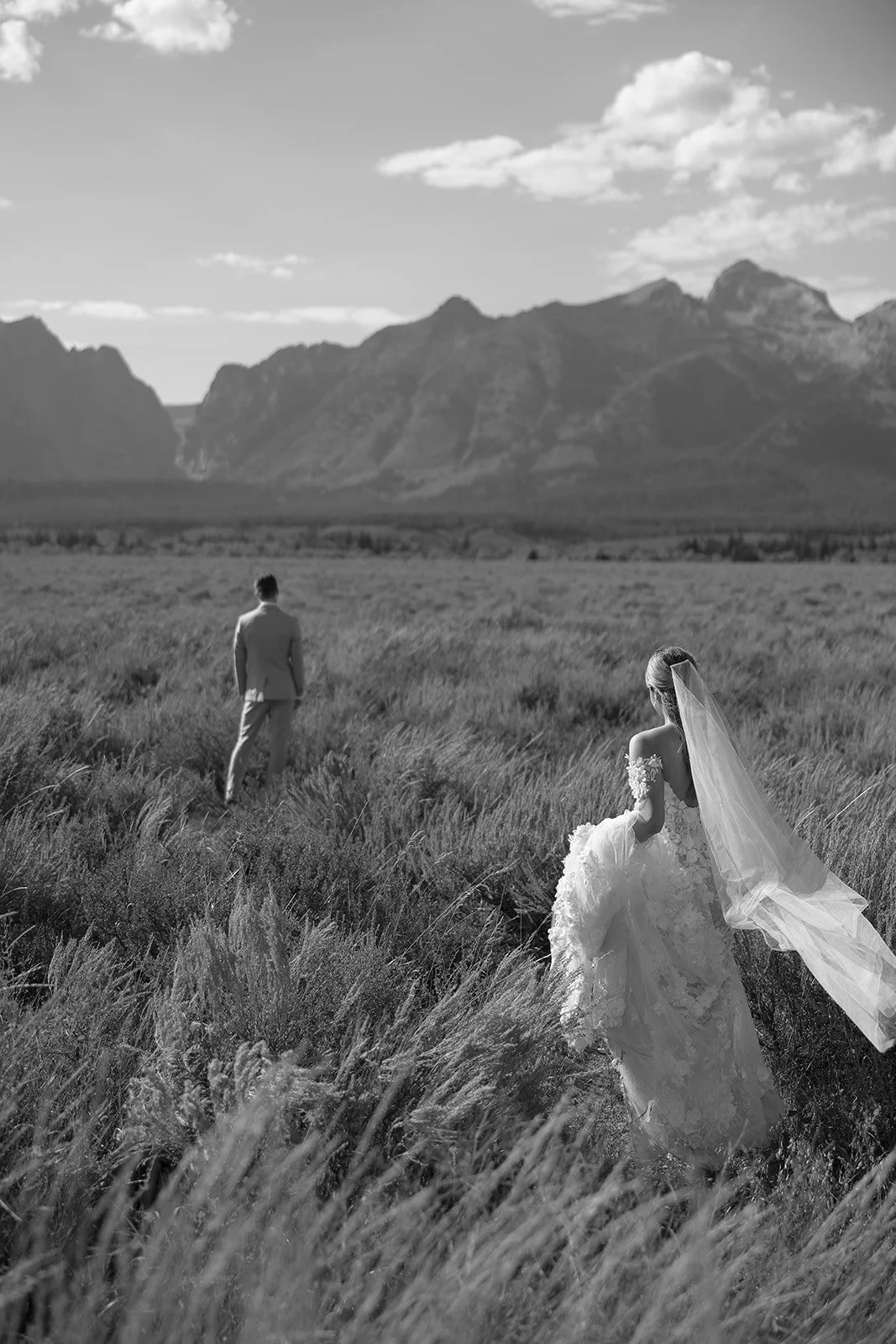 A bride in a wedding dress with a long veil walking through a grassy field, looking at a man in a suit walking away in the distance, with mountains and clouds in the background.