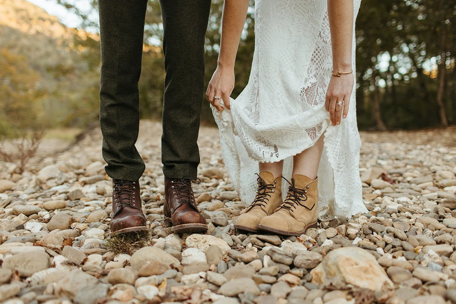  Bride and Groom wearing hiking boots to their wedding 