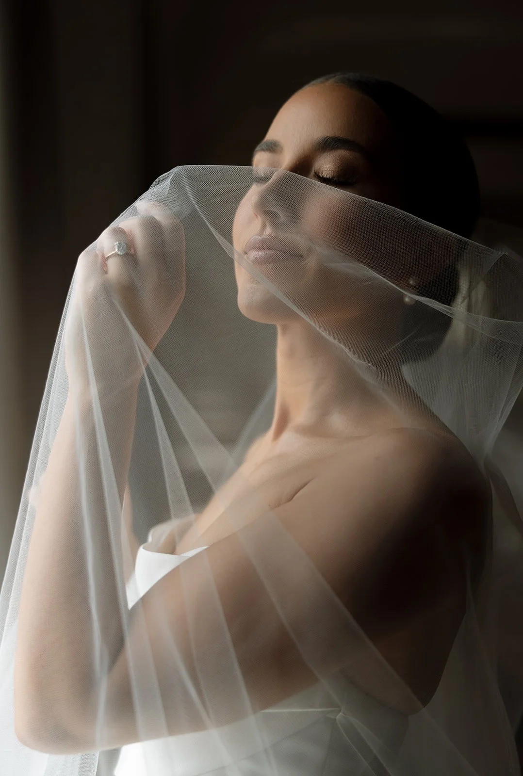 Editorial Timeless Chic of beautiful bride holding a veil across her face, Laura Powers Photo