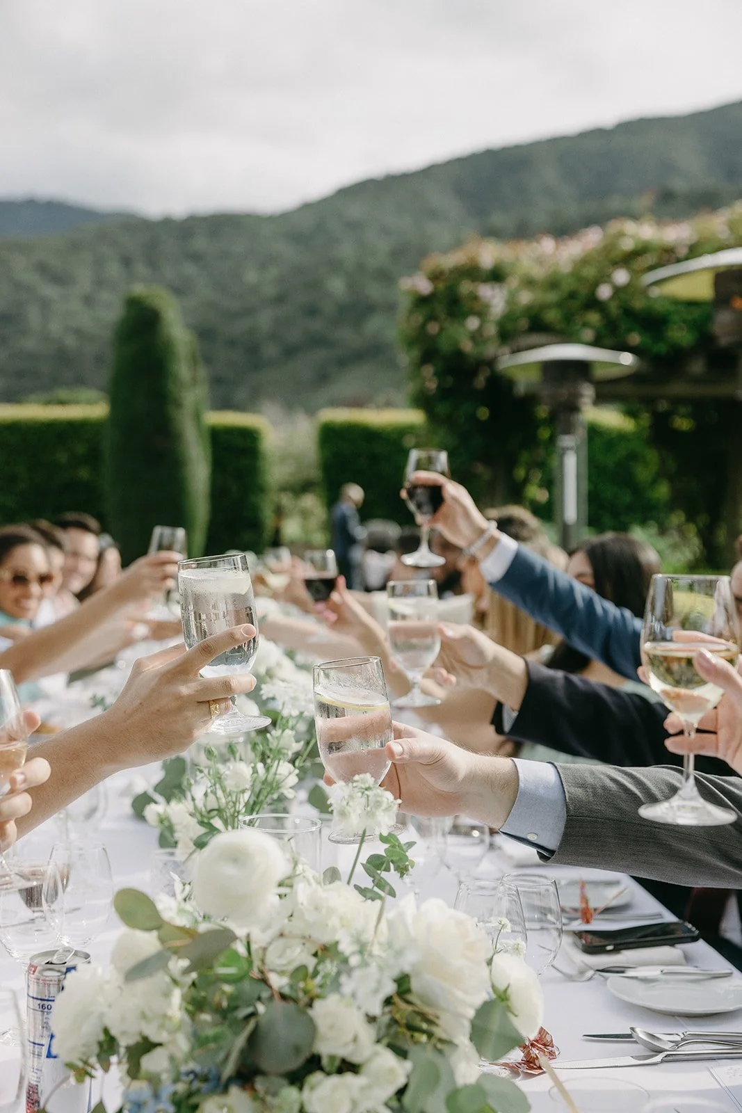 Group of people toasting with wine glasses at an outdoor event, with a floral centerpiece on the table.
