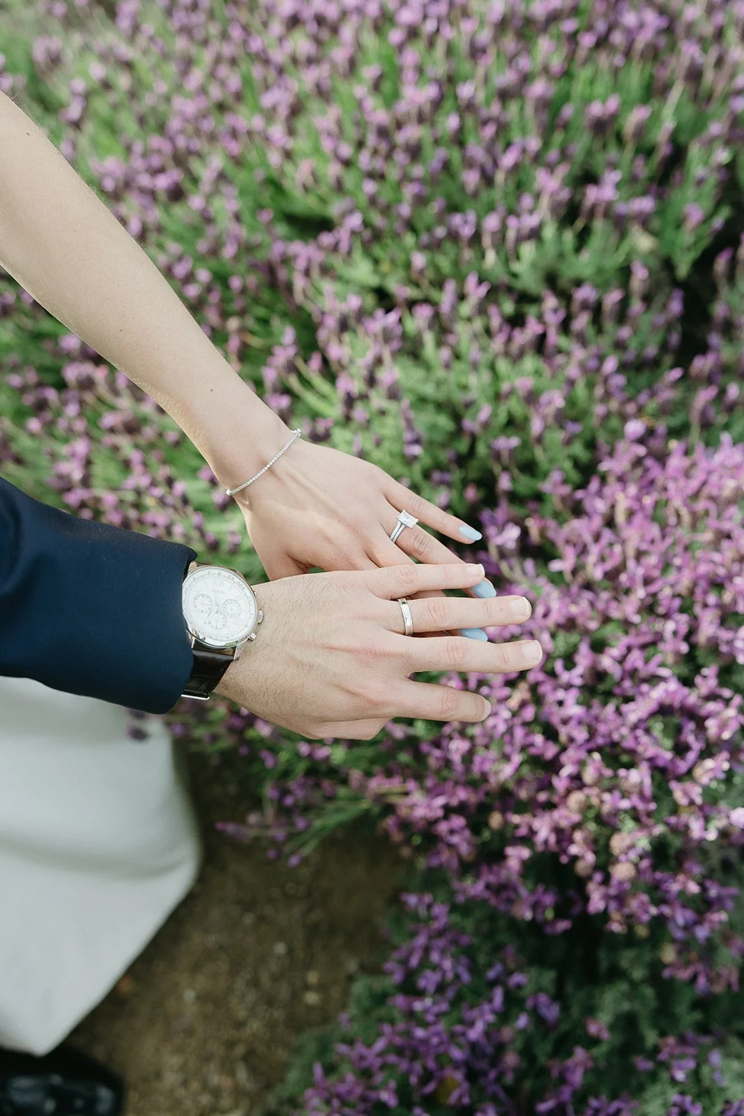 Close-up of a couple's hands wearing rings above lavender flowers