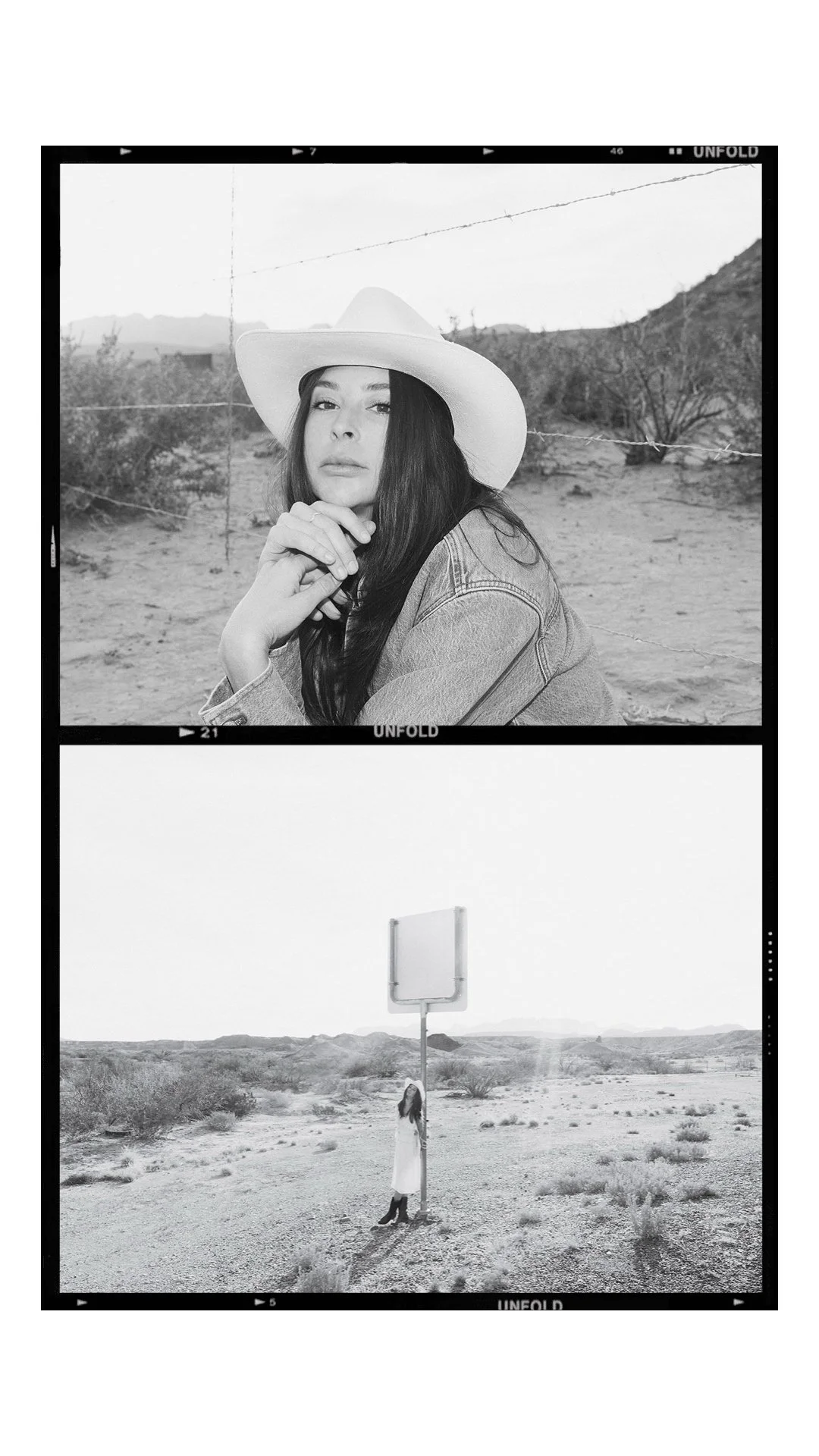 A black and white photograph of a woman wearing a cowboy hat and denim jacket in a desert landscape, with a second image showing her standing next to a basketball hoop in the barren terrain.