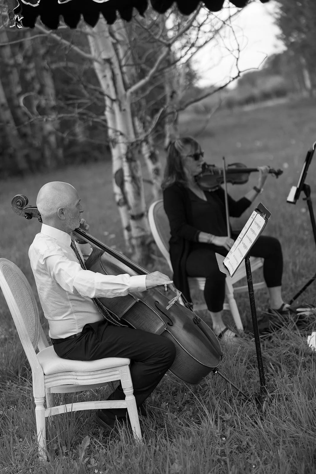 Black and white photo of two musicians playing string instruments outdoors; a cellist seated on the left and a violinist seated to the right, with music stands and trees in the background.